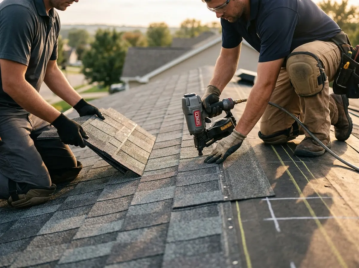 Professional roofer working on a residential roof in Schodack